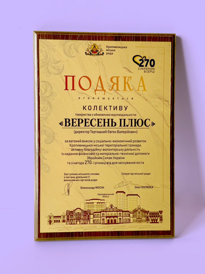 Подяка Кропивницької міської ради